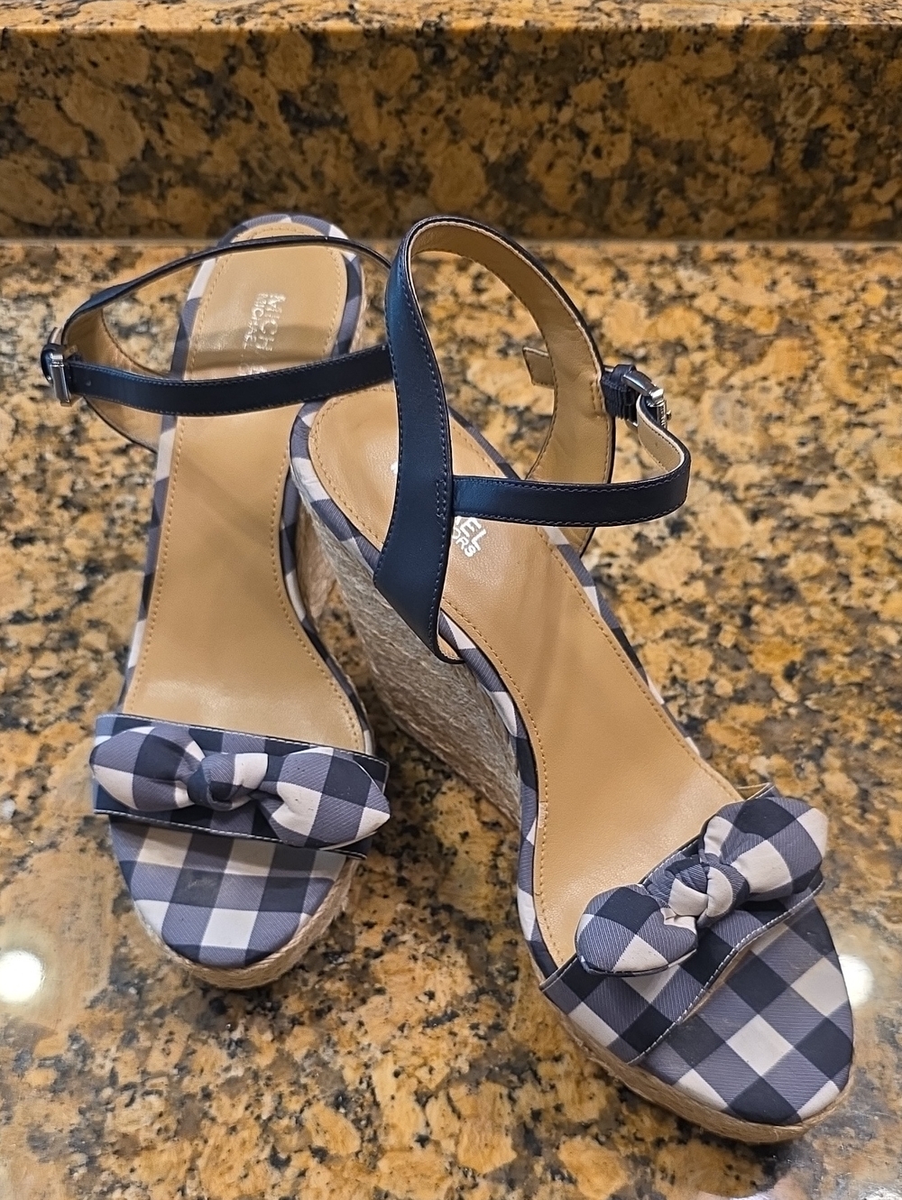 Michael Kors Navy and White Gingham Bow Espadrille Wedges